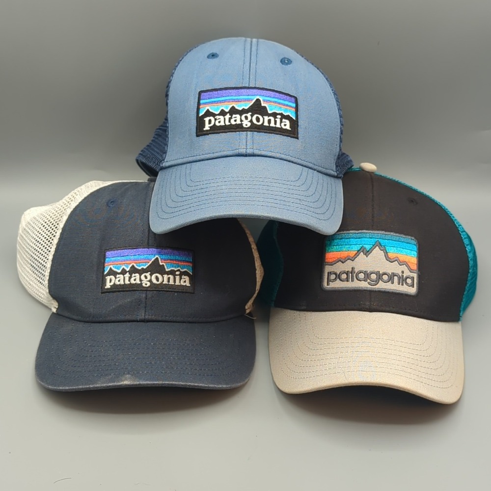 Lot of 3 Patagonia Trucker Hat Cap P-6 Logo Mesh Back Snapback Blue/Gray/White
